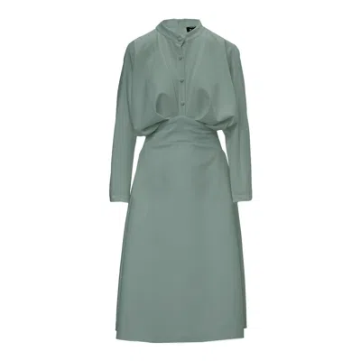 Bluzat Women's Green Khaki Midi Dress With Draping And Buttons