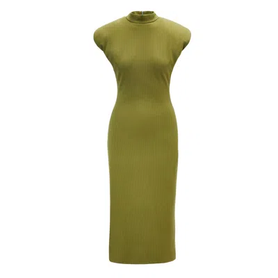 Bluzat Women's Green Khaki Midi Dress With Oversized Shoulders And Side Slit