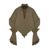 Bluzat Women's Green Khaki Oversized Shirt With High Collar And Balloon Sleeves In Green