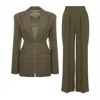 Bluzat Women's Green Khaki Suit With Balloon Blazer And Wide Leg Trousers In Green