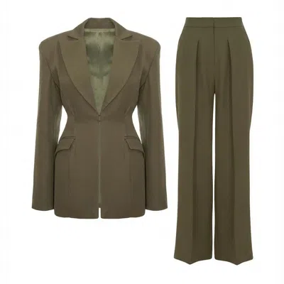 Bluzat Women's Green Khaki Suit With Balloon Blazer And Wide Leg Trousers