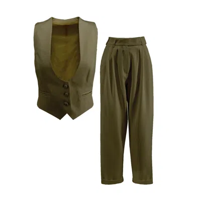Bluzat Women's Green Khaki Suit With Vest And Cropped Trousers