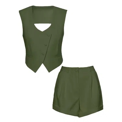 Bluzat Women's Green Khaki Suit With Vest And Shorts