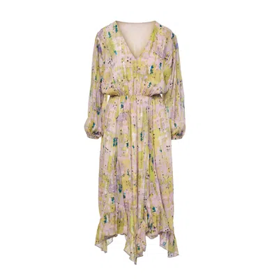 Bluzat Women's Green Midi Dress In Abstract Print With Pleats