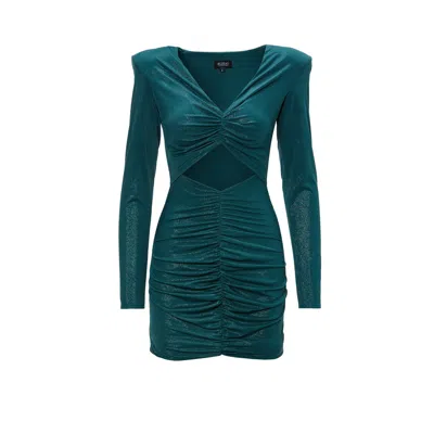 Bluzat Women's Green Shimmery Mini Dress With Structured Shoulders