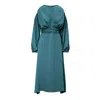 Bluzat Women's Green Turquoise Midi Dress With Shoulder Pads Detail And Pleats In Green