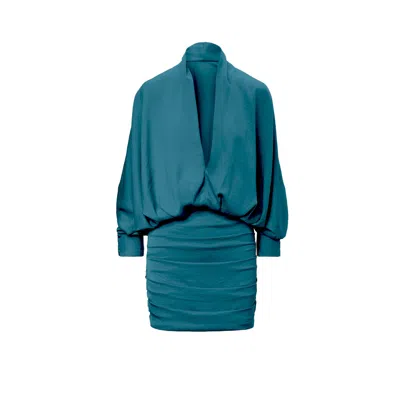 Bluzat Women's Green Turquoise Mini Dress With Draping Detailing And Wide Sleeves