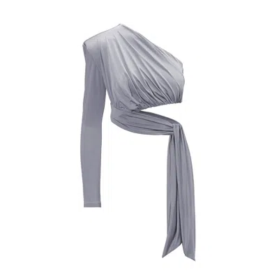 Bluzat Women's Grey Asymmetrical Top With Scarf