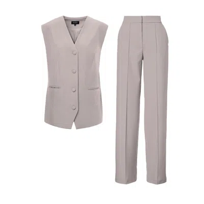 Bluzat Women's Grey Beige Suit With Oversized Vest And Stripe Detail Trousers