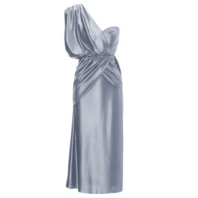 Bluzat Women's Grey Midi Dress With One Draped Shoulder