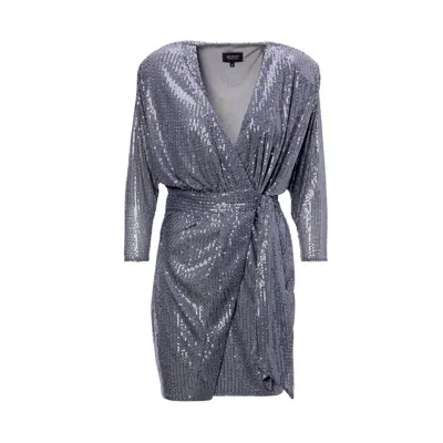 Bluzat Women's Grey Sequin Mini Dress With Draping Detail And Scarf