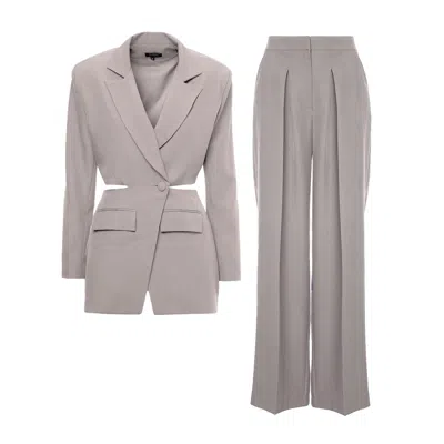 Bluzat Women's Grey Beige Suit With Blazer With Waistline Cut-out And Ultra Wide Leg Trousers