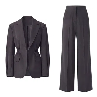 Bluzat Women's Grey Suit With Waist Accentuated Blazer And Wide-leg Trousers In Brown