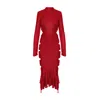 Bluzat Women's Metallic Red Midi Dress With Cut-outs And Asymmetric Ruffle Hem In Red