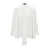 Bluzat Women's Metallic White Blouse With Draped Shoulders & Bow Ribbon In White