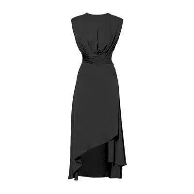Bluzat Women's Midi Black Dress With Oversized Shoulders And Asymmetrical Slit