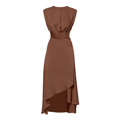 Bluzat Women's Midi Brown Dress With Oversized Shoulders And Slit