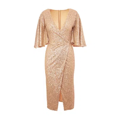 Bluzat Women's Midi Gold Sequin Dress With Buterfly Sleeves