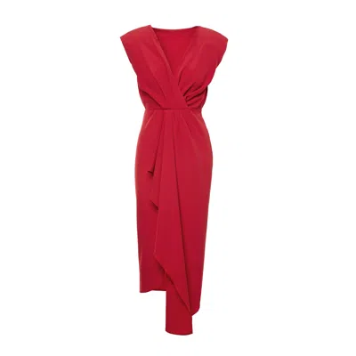 Bluzat Women's Midi Red Dress With Draping Detailing  And Pleats