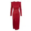 Bluzat Women's Midi Red Dress With Overized Shoulders And Slit In Red