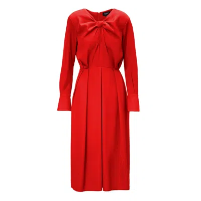 Bluzat Women's Midi Red Dress With Ring Detail And Pleats
