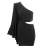 Bluzat Women's Mini Black Dress With Flared Sleeve And Waist Cutout In Black