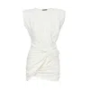 Bluzat Women's Mini White Dress With One Draped Shoulders And Pleats In White