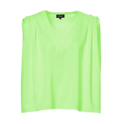 Bluzat Women's Neon Green Draped Top With Padded Shoulders And 'v' Neckline