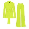 Bluzat Women's Neon Green Suit With Blazer With Scarves And Wide Leg Pants In Green