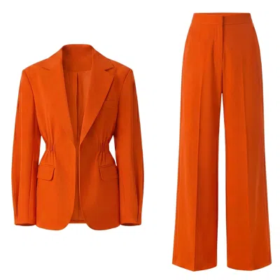 Bluzat Women's Neon Orange Suit With Waist Accentuated Blazer And Wide-leg Trousers