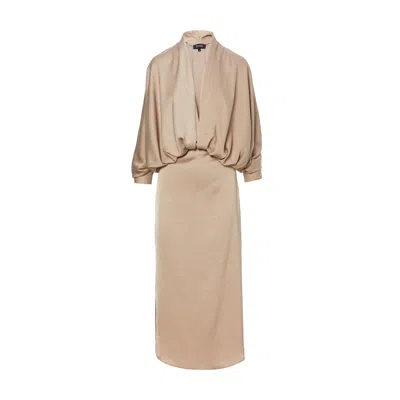 Bluzat Women's Neutrals Beige Draped Dress With Flared Sleeves