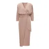 Bluzat Women's Neutrals Beige Midi Dress With Draping Detailing And Waist Belt In Beige