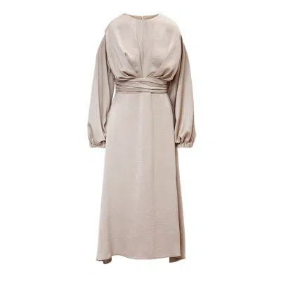 Bluzat Women's Neutrals Beige Midi Dress With Shoulder Pads Detail And Pleats