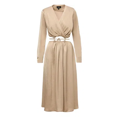 Bluzat Women's Neutrals Beige Midi Dress With Waist Cut-out