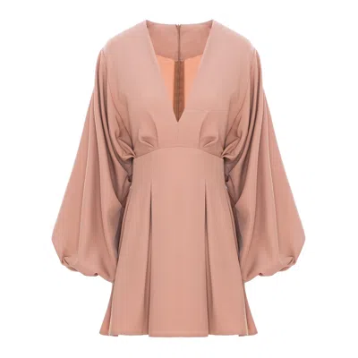 Bluzat Women's Neutrals Beige Mini Dress With Balloon Sleeves And V-neck