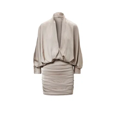 Bluzat Women's Neutrals Beige Mini Dress With Draping Detailing And Wide Sleeves