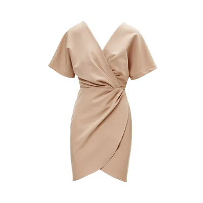 Bluzat Women's Neutrals Beige Mini Dress With Pleats And V-neck