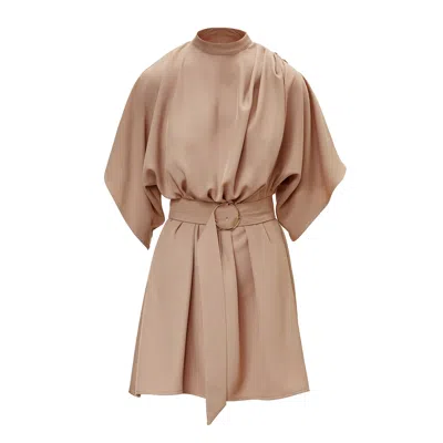 Bluzat Women's Neutrals Beige Mini Dress With Pleats And Waist Belt