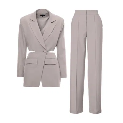 Bluzat Women's Neutrals Beige Suit With Blazer With Waistline Cut-out And Stripe Detail Trousers