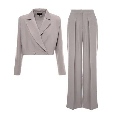 Bluzat Women's Neutrals Beige Suit With Cropped Blazer And Ultra Wide Leg Trousers