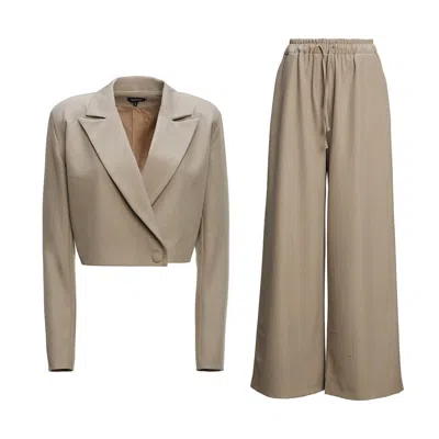 Bluzat Women's Neutrals Beige Suit With Cropped Blazer And Wide Leg Trousers