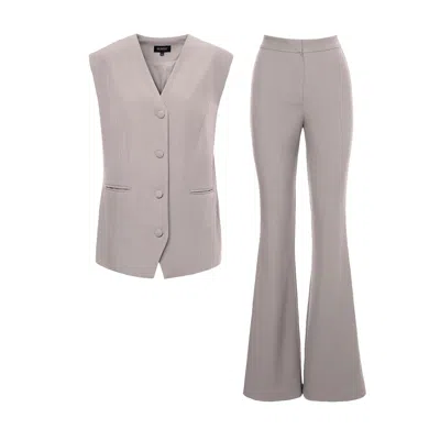 Bluzat Women's Neutrals Beige Suit With Oversized Vest And Flared Trousers