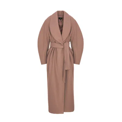 Bluzat Women's Neutrals / Brown Long Beige Coat With Belt And Wide Lapel
