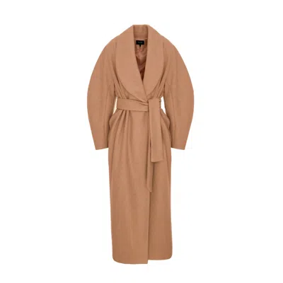 Bluzat Women's Neutrals / Brown Long Camel Oversized Coat With Wide Lapel
