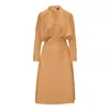 Bluzat Women's Neutrals Camel Midi Dress With Draping And Buttons In Beige