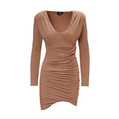 Bluzat Women's Neutrals Camel Mini Dress With Draped Shoulders And Cut-out In Beige