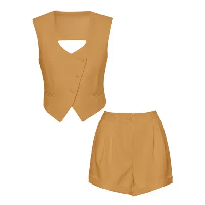 Bluzat Women's Neutrals Camel Suit With Vest And Shorts In Beige