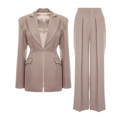 Bluzat Women's Neutrals / Grey / Brown Beige Suit With Balloon Blazer And Wide Leg Trousers In Pink