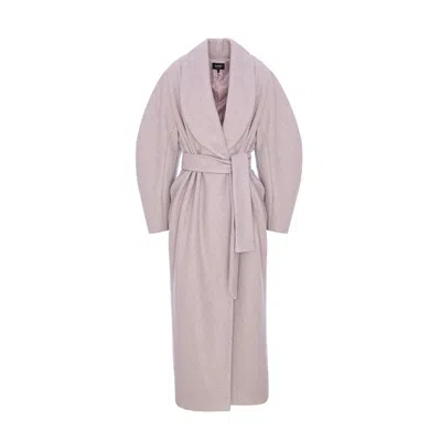 Bluzat Women's Neutrals / Grey Long Taupe Cream Coat With Belt And Wide Lapel In Gray