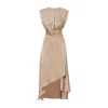 Bluzat Women's Neutrals Midi Beige Dress With Oversized Shoulders And Slit In Beige